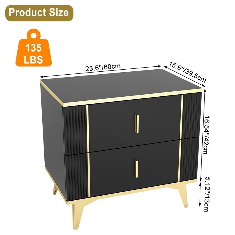 24"W Two Drawer Black Bedside Table Nightstand Night Table