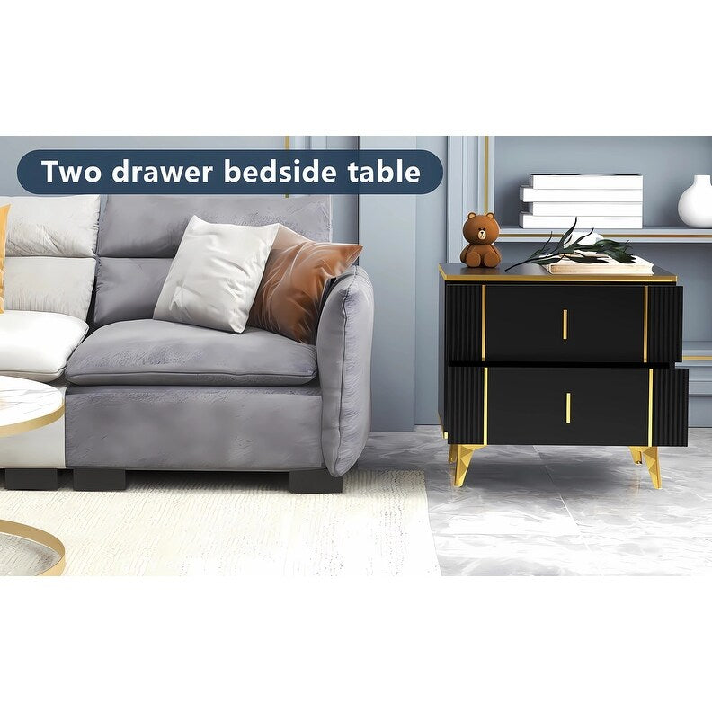 24"W Two Drawer Black Bedside Table Nightstand Night Table