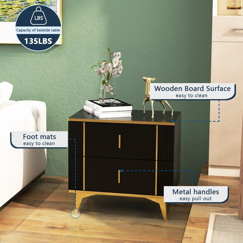 24"W Two Drawer Black Bedside Table Nightstand Night Table
