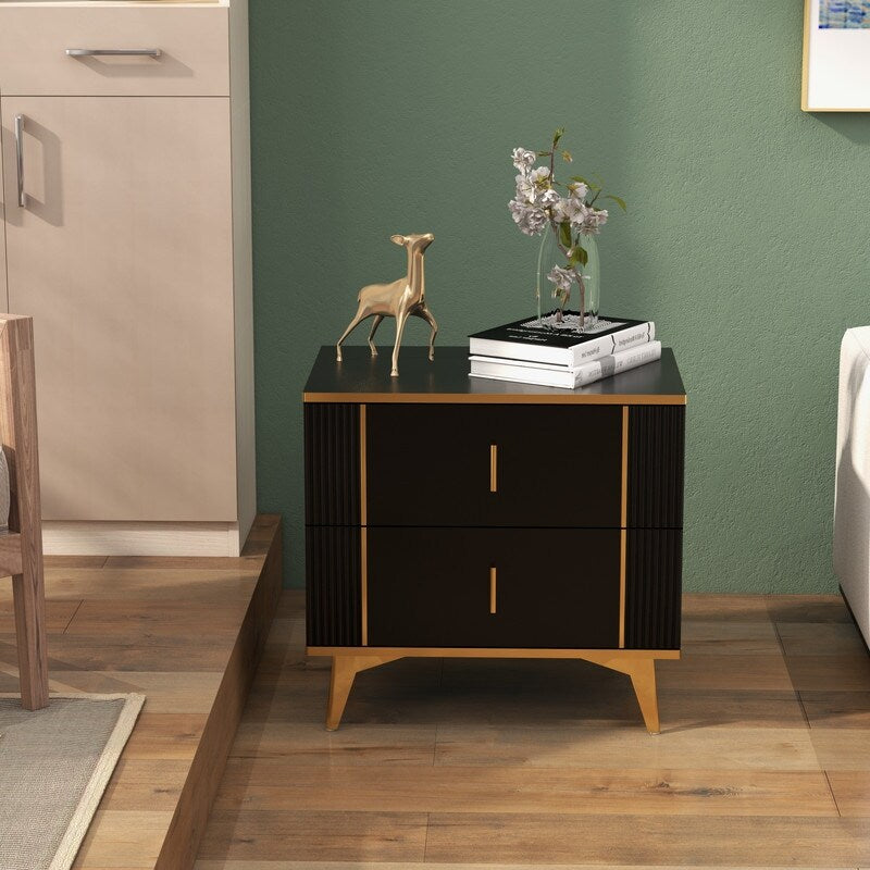 24"W Two Drawer Black Bedside Table Nightstand Night Table