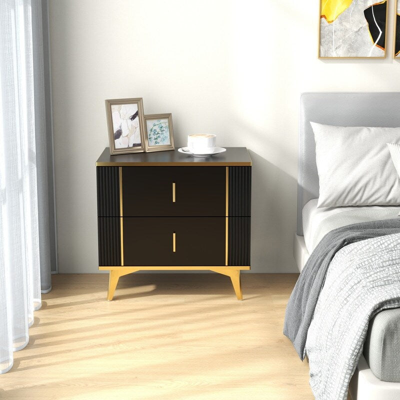 24"W Two Drawer Black Bedside Table Nightstand Night Table