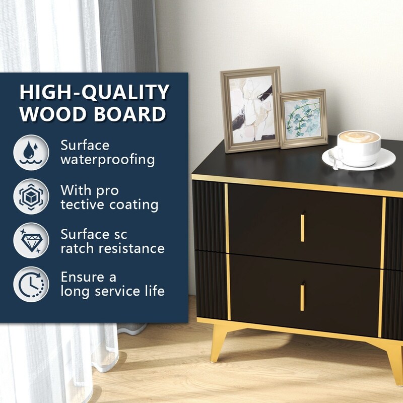 24"W Two Drawer Black Bedside Table Nightstand Night Table
