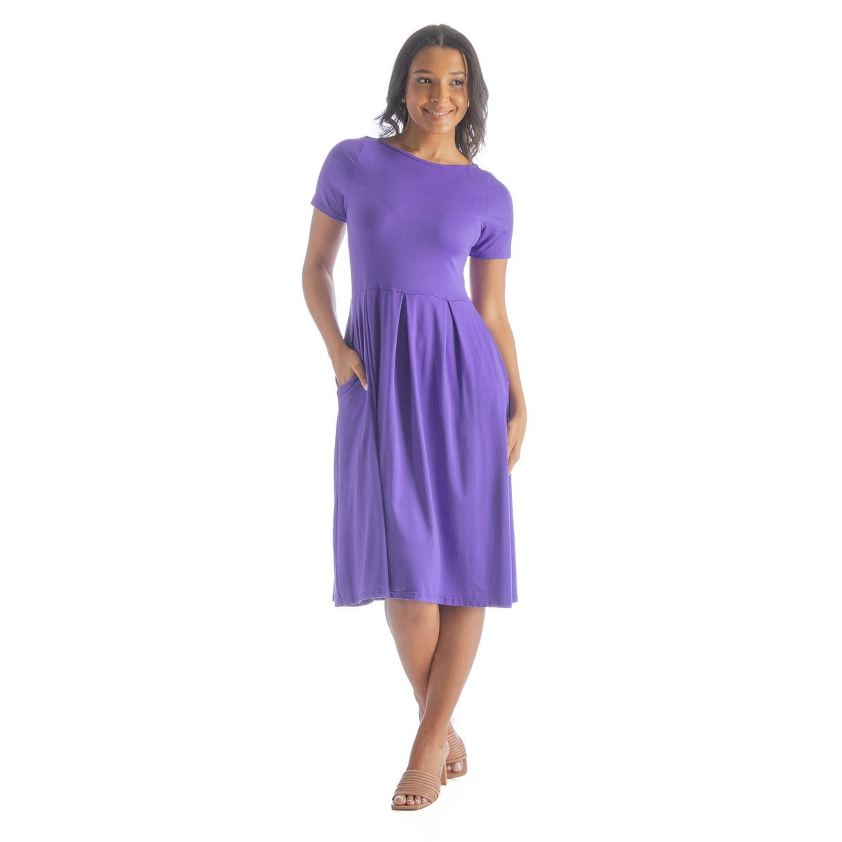24seven Comfort Apparel Midi Dress with Short Sleeves and Pocket Detail