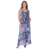 24seven Comfort Apparel Purple Paisley Sleeveless V Neck Maxi Dress With Pockets