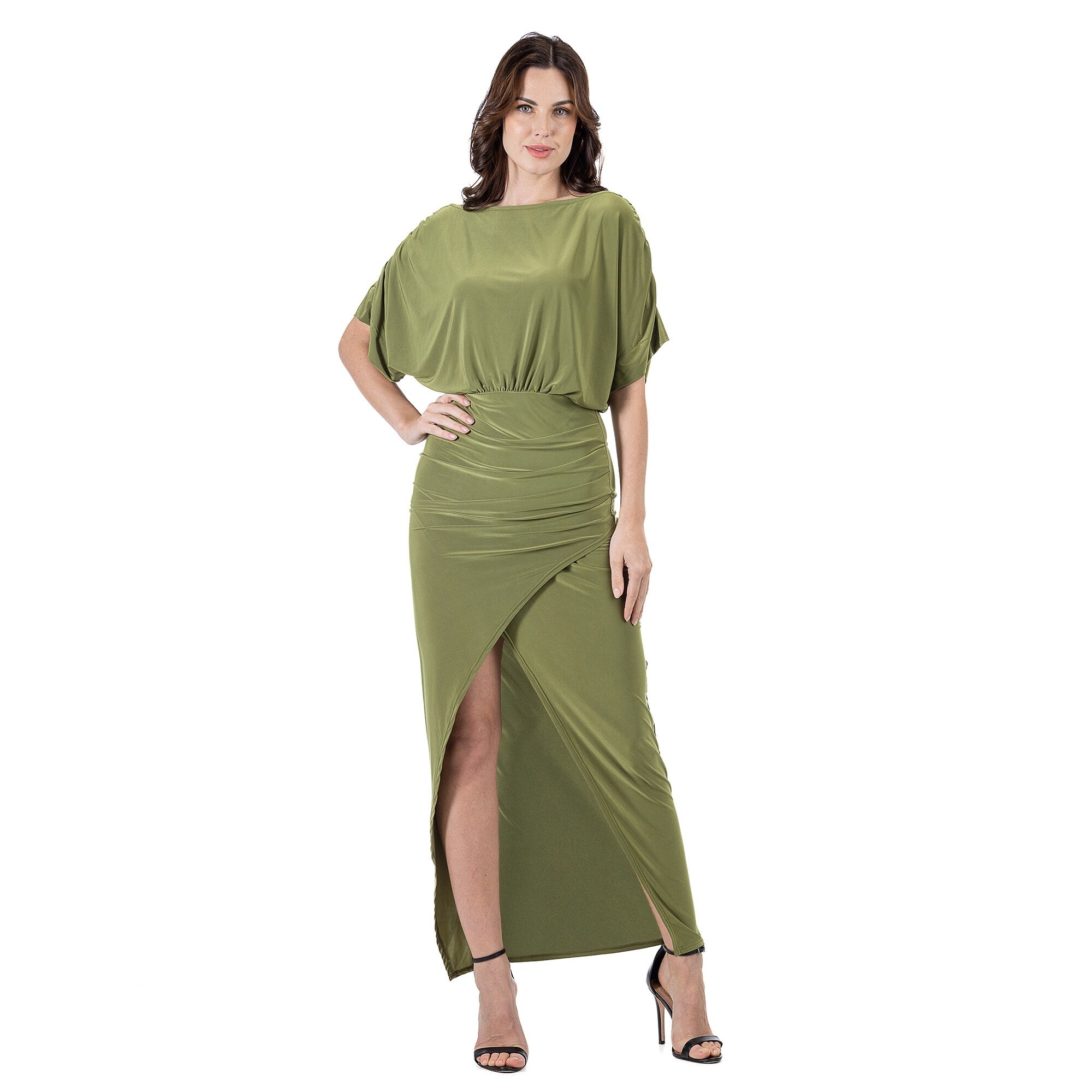 24seven Comfort Apparel Womens Boat Neck Batwing Sleeve Slit Maxi Dress BURGUNDY M