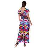 24seven Comfort Apparel Womens Floral Print V Neck Empire Waist Kimono Cap Sleeve Maxi Dress
