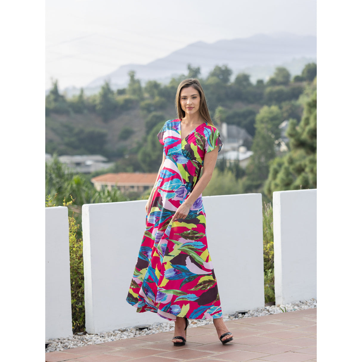 24seven Comfort Apparel Womens Floral Print V Neck Empire Waist Kimono Cap Sleeve Maxi Dress