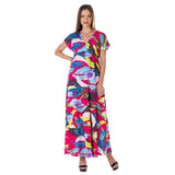 24seven Comfort Apparel Womens Floral Print V Neck Empire Waist Kimono Cap Sleeve Maxi Dress
