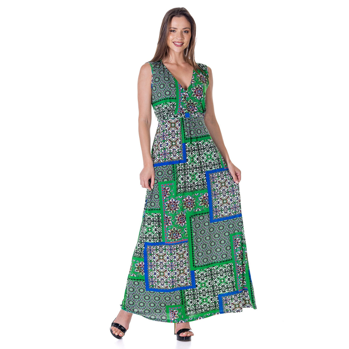 24seven Comfort Apparel Womens Green Scarf Print V Neck Empire Waist Sleeveless Maxi Dress