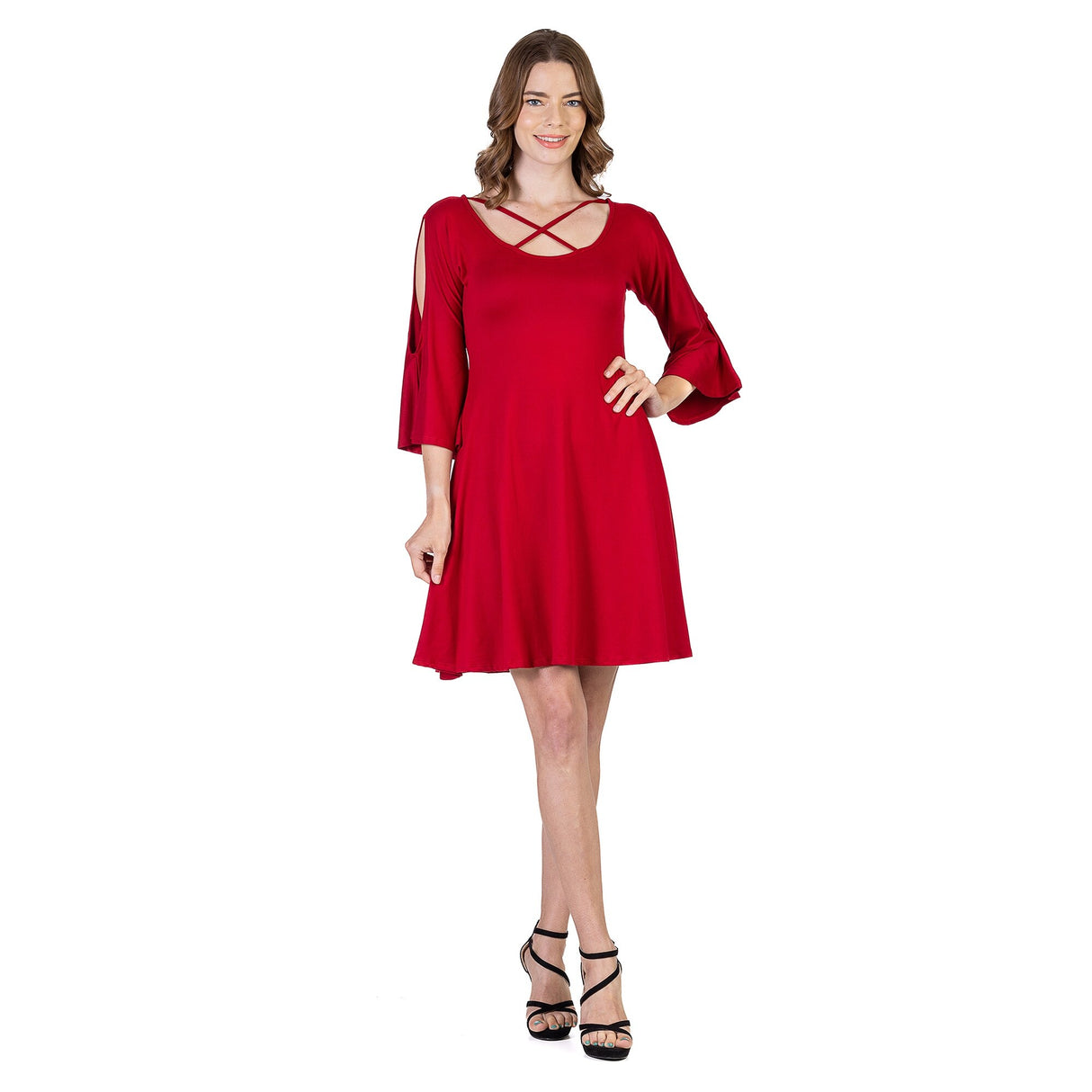 24seven Comfort Apparel Womens Knee Length Cold Shoulder Dress