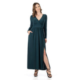 24seven Comfort Apparel Womens Long Sleeve V Neck Side Slit Maxi Dress