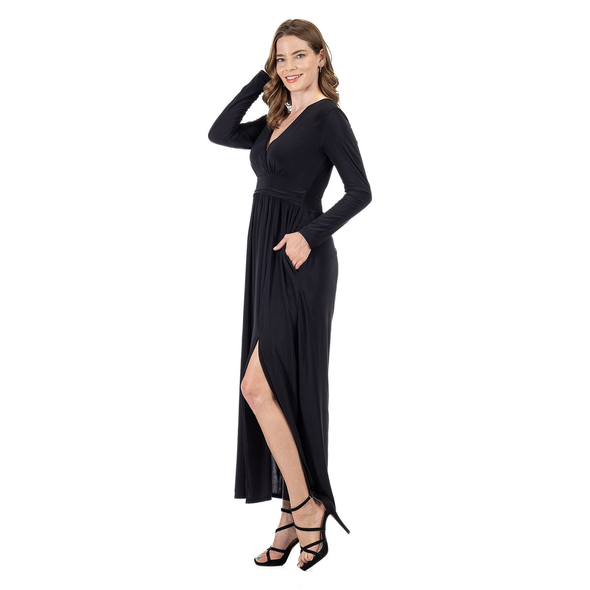 24seven Comfort Apparel Womens Long Sleeve V Neck Side Slit Maxi Dress