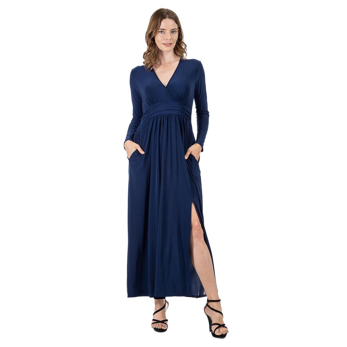 24seven Comfort Apparel Womens Long Sleeve V Neck Side Slit Maxi Dress