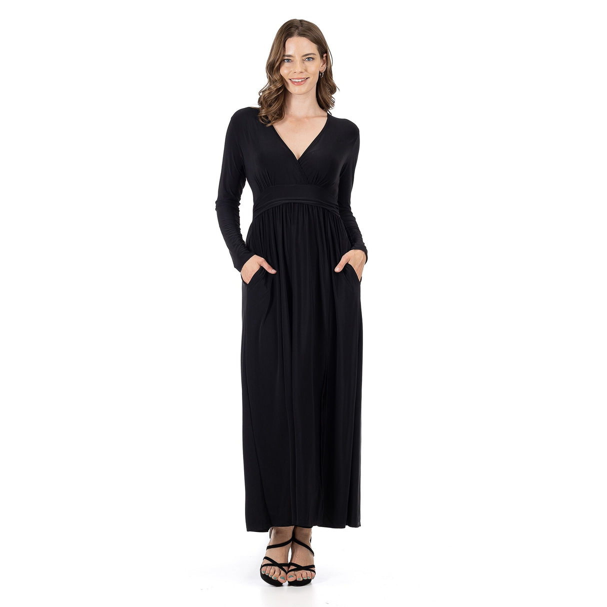 24seven Comfort Apparel Womens Long Sleeve V Neck Side Slit Maxi Dress