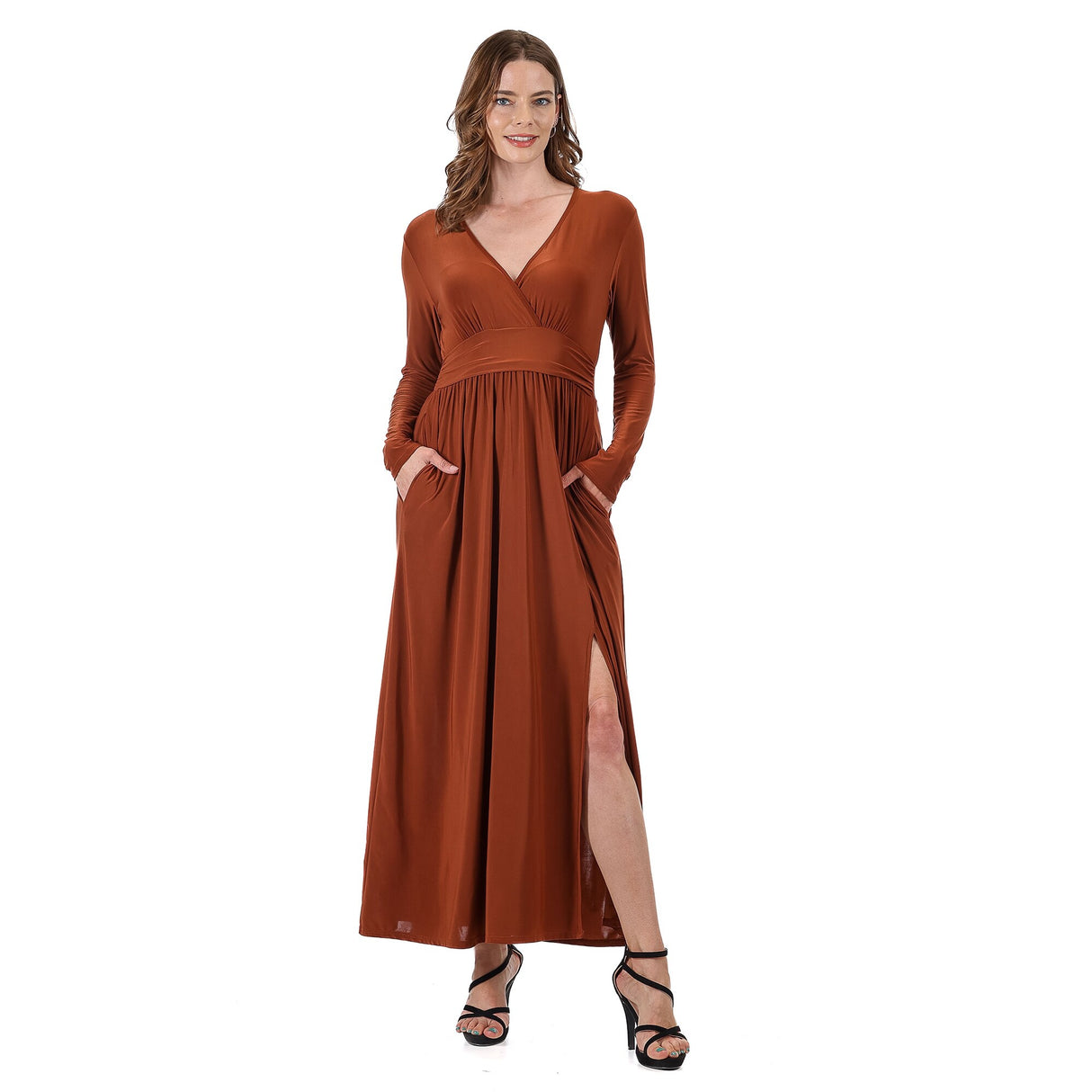 24seven Comfort Apparel Womens Long Sleeve V Neck Side Slit Maxi Dress
