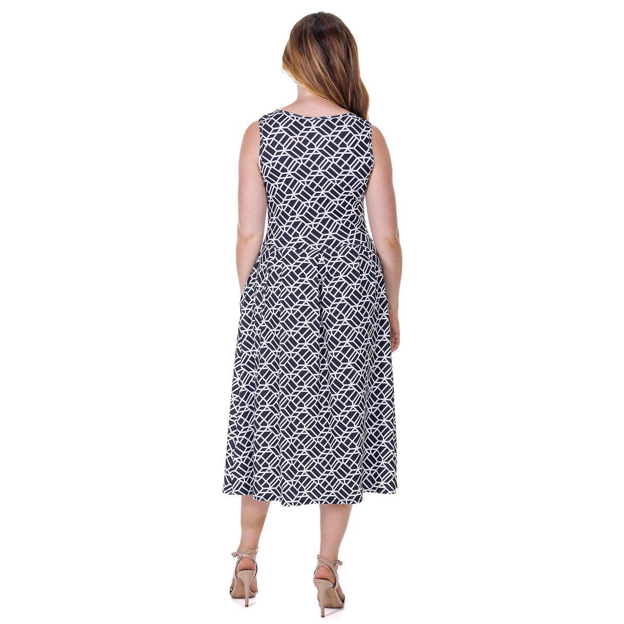 24seven Comfort Apparel Womens Midi Length Black Geo Print Sleeveless Pleated Pocket Dress