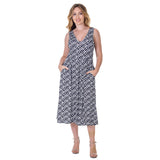24seven Comfort Apparel Womens Midi Length Black Geo Print Sleeveless Pleated Pocket Dress