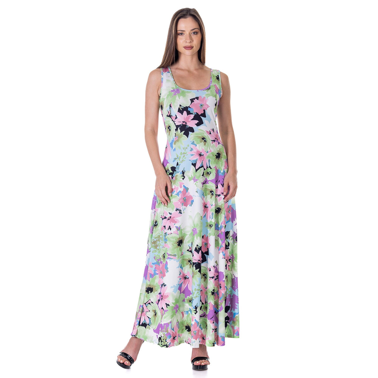 24seven Comfort Apparel Womens Pastel Floral Scoop Neck A Line Sleeveless Maxi Dress