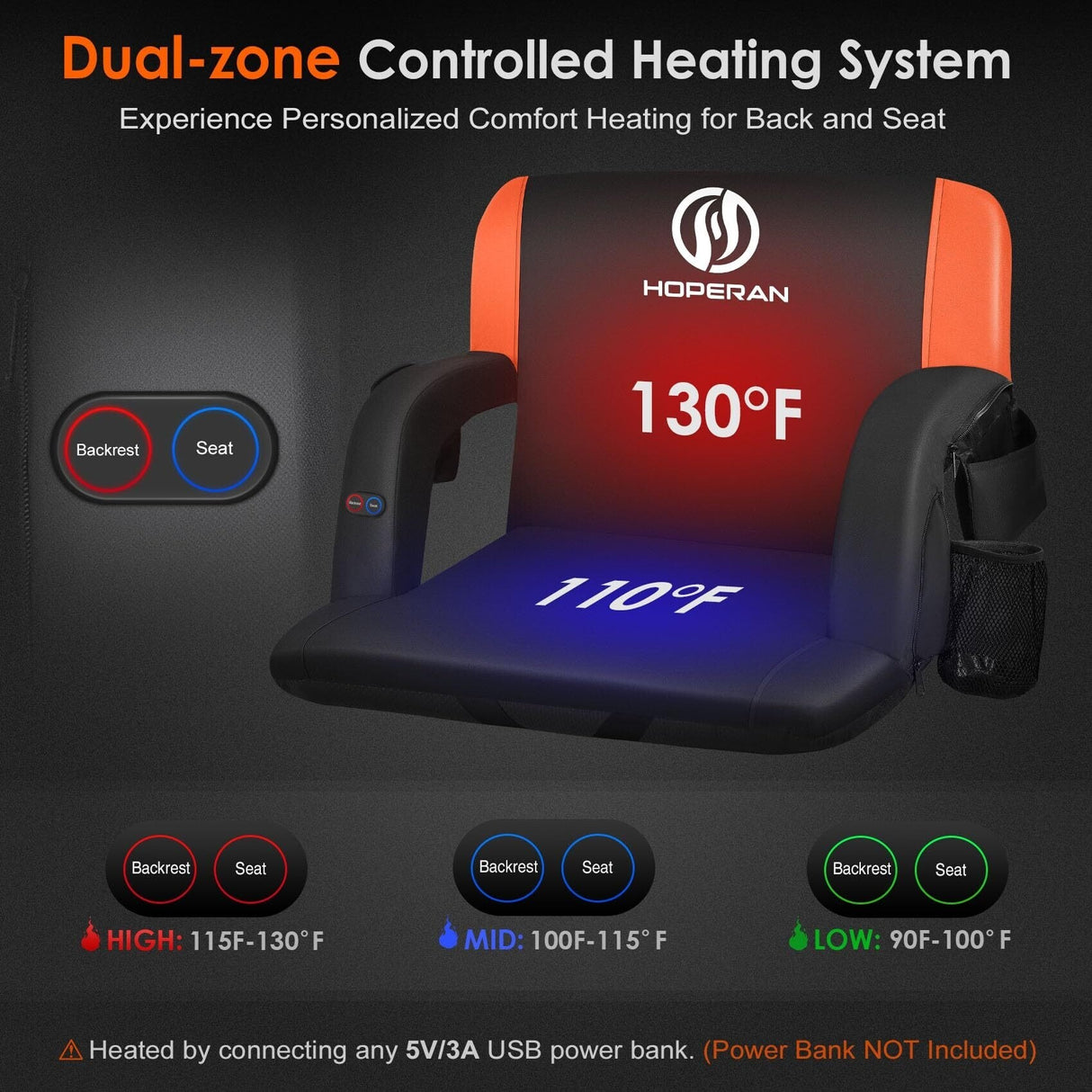 25 Inch 2 Pack Orange Outdoor Dual-Sided Heated Stadium Seats for Bleachers with Back Support Portable Stadium Chair