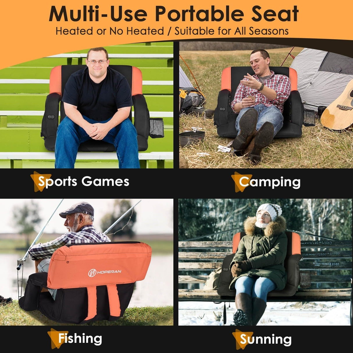 25 Inch 2 Pack Orange Outdoor Dual-Sided Heated Stadium Seats for Bleachers with Back Support Portable Stadium Chair