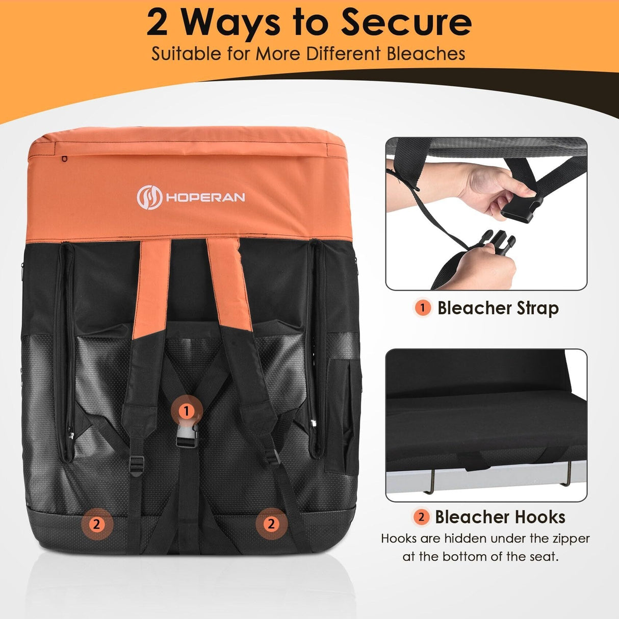 25 Inch 2 Pack Orange Outdoor Dual-Sided Heated Stadium Seats for Bleachers with Back Support Portable Stadium Chair