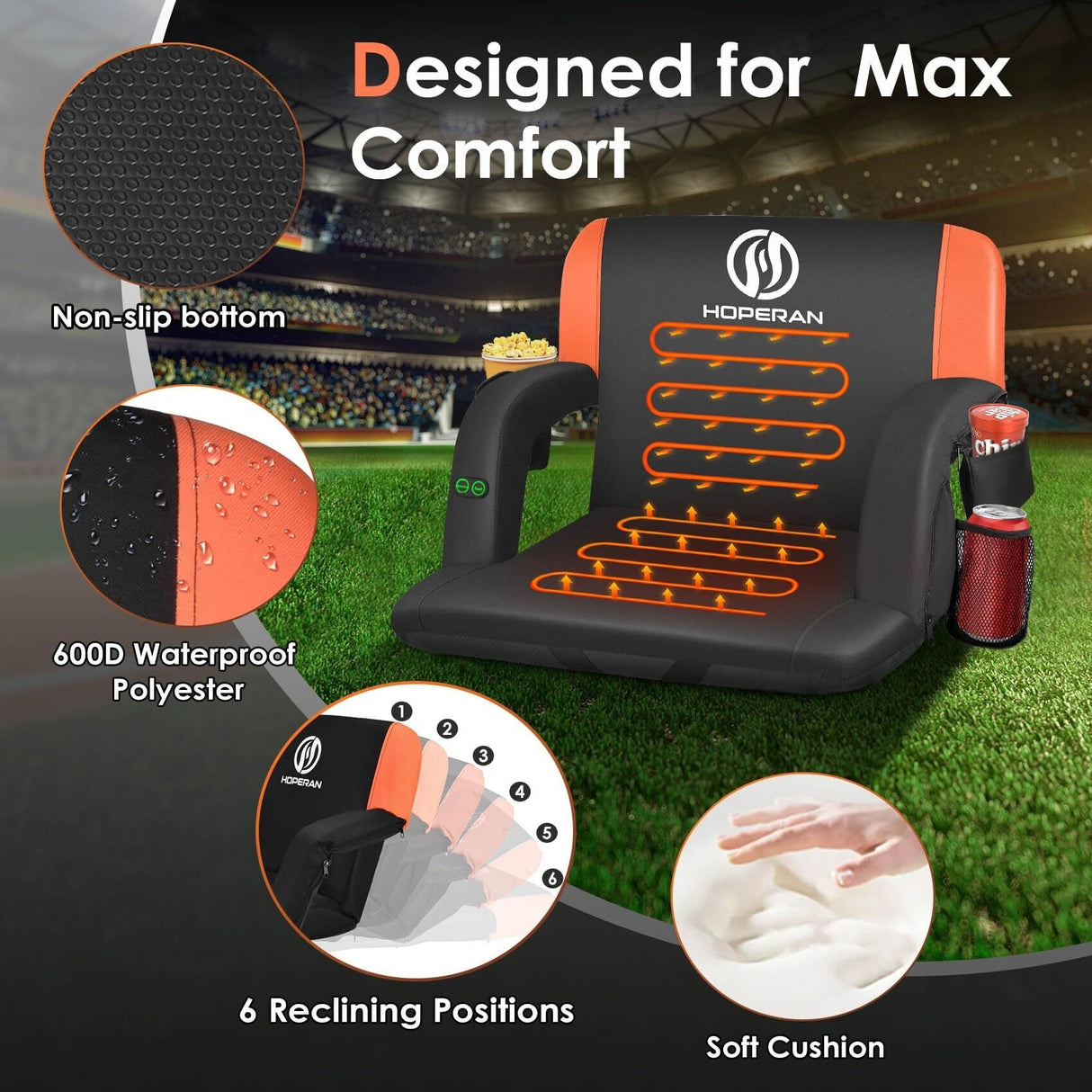 25 Inch 2 Pack Orange Outdoor Dual-Sided Heated Stadium Seats for Bleachers with Back Support Portable Stadium Chair
