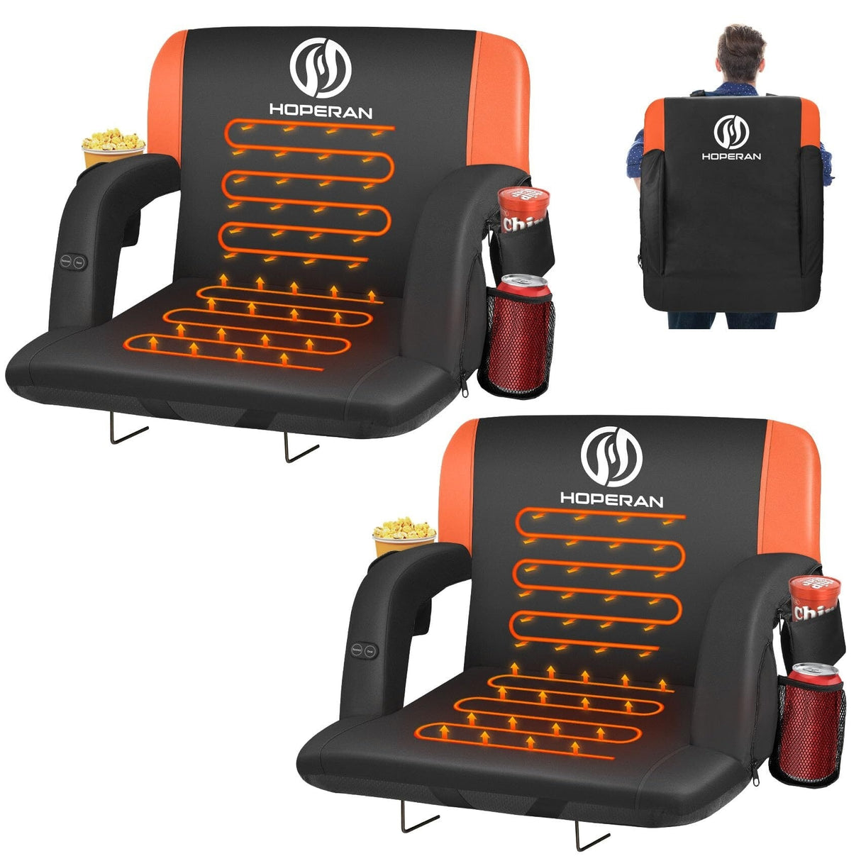 25 Inch 2 Pack Orange Outdoor Dual-Sided Heated Stadium Seats for Bleachers with Back Support Portable Stadium Chair