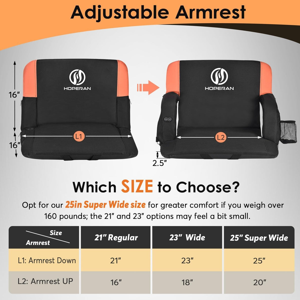 25 Inch 2 Pack Orange Outdoor Dual-Sided Heated Stadium Seats for Bleachers with Back Support Portable Stadium Chair