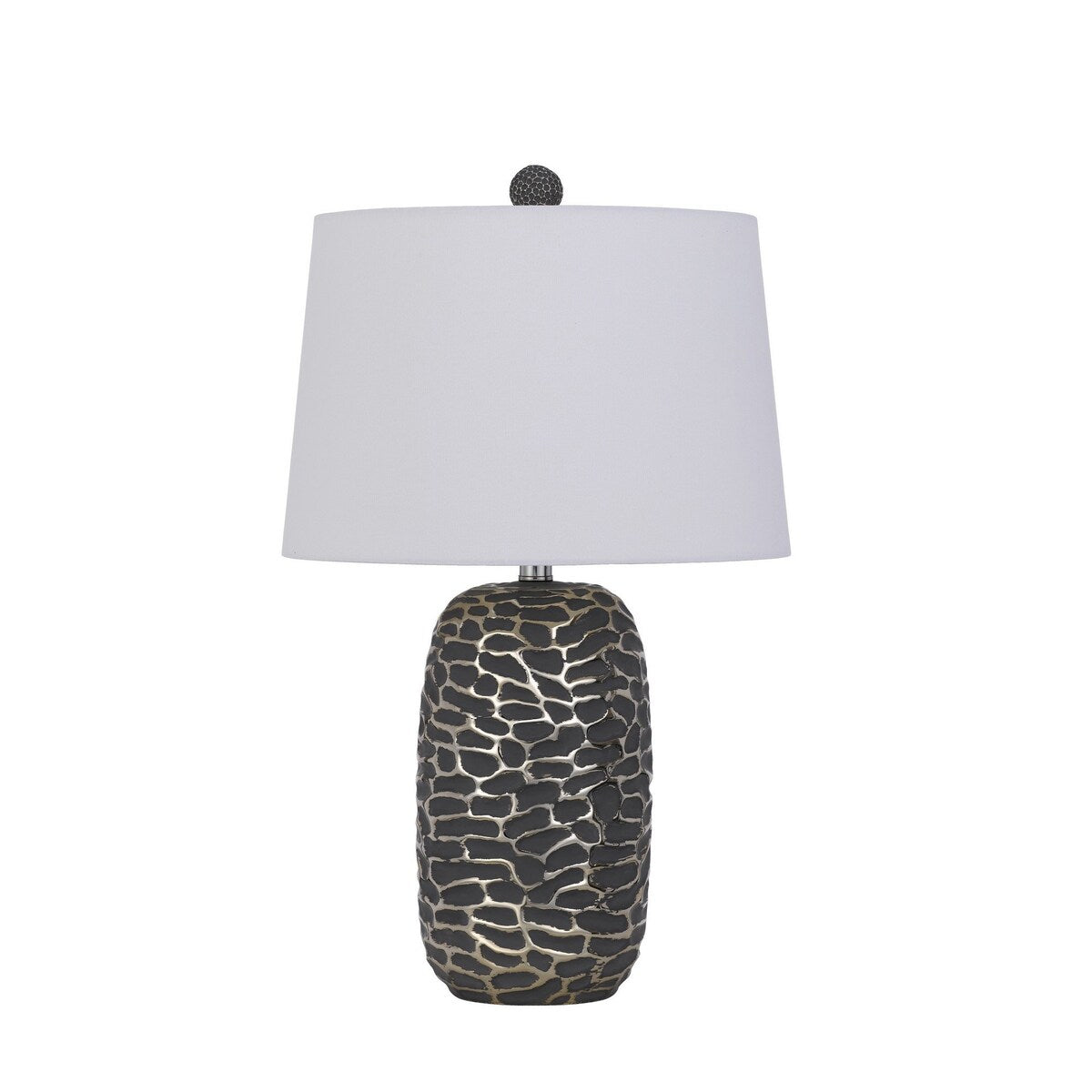 25 Inch Oval Table Lamp, Set of 2, White Fabric Drum Shade, Black, Silver