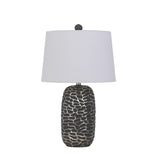 25 Inch Oval Table Lamp, Set of 2, White Fabric Drum Shade, Black, Silver