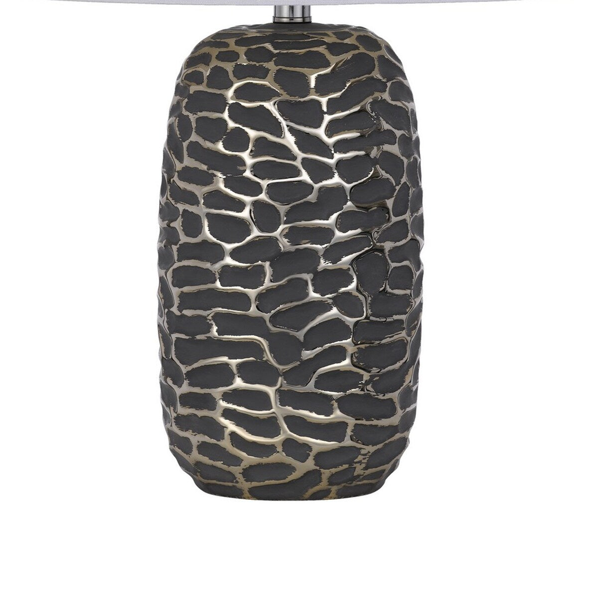 25 Inch Oval Table Lamp, Set of 2, White Fabric Drum Shade, Black, Silver