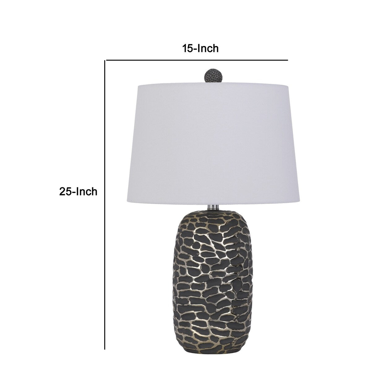 25 Inch Oval Table Lamp, Set of 2, White Fabric Drum Shade, Black, Silver