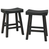 25 Inch Wooden Saddle Stool with Angular Legs, Set of 2, Black