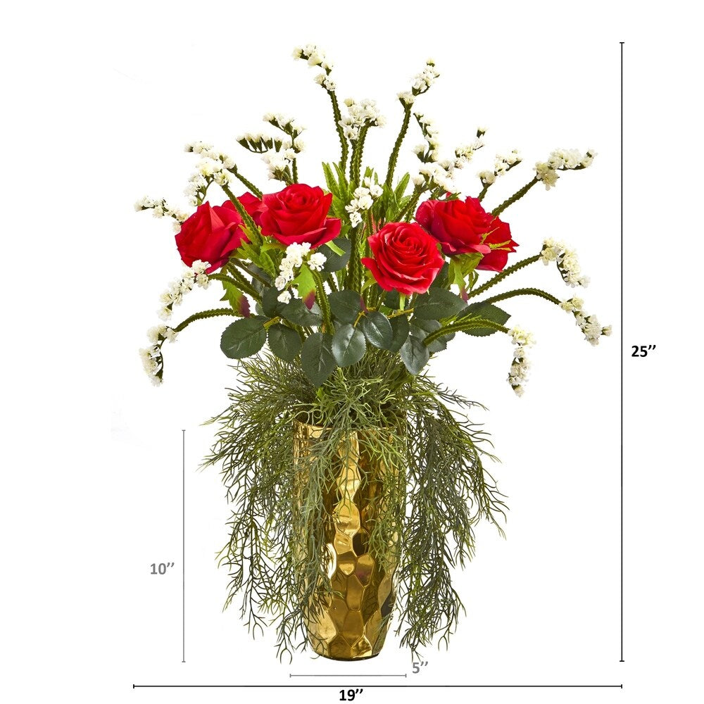 25" Rose Artificial Arrangement in Designer Gold Vase