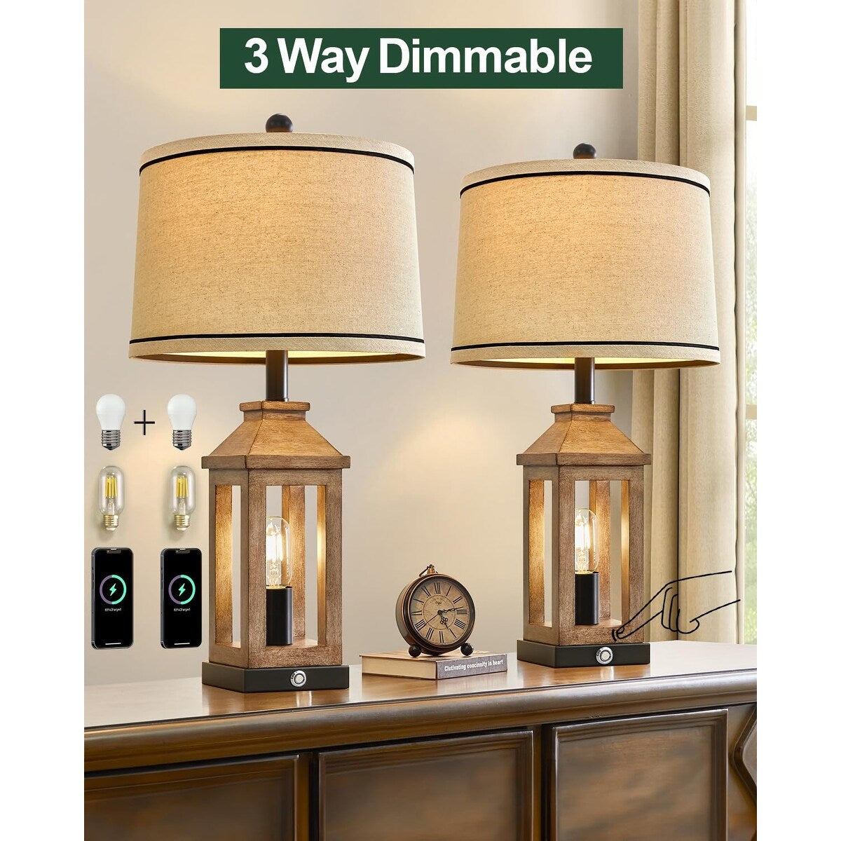 25.25" Farmhouse Dual USB Charging Ports 3-Way Dimmable Touch Control Table Lamp with Nightlight Vintage Modern Lamps