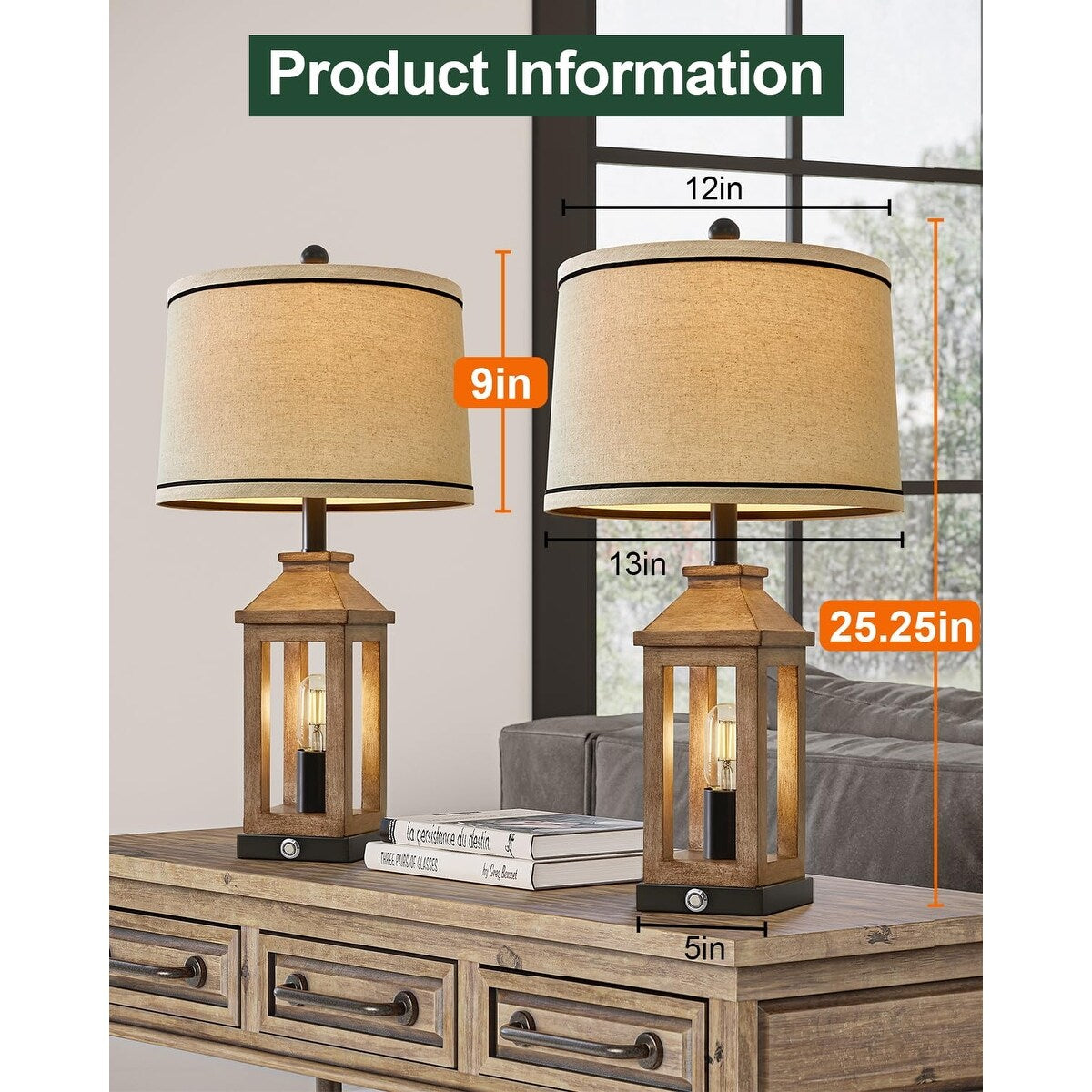 25.25" Farmhouse Dual USB Charging Ports 3-Way Dimmable Touch Control Table Lamp with Nightlight Vintage Modern Lamps