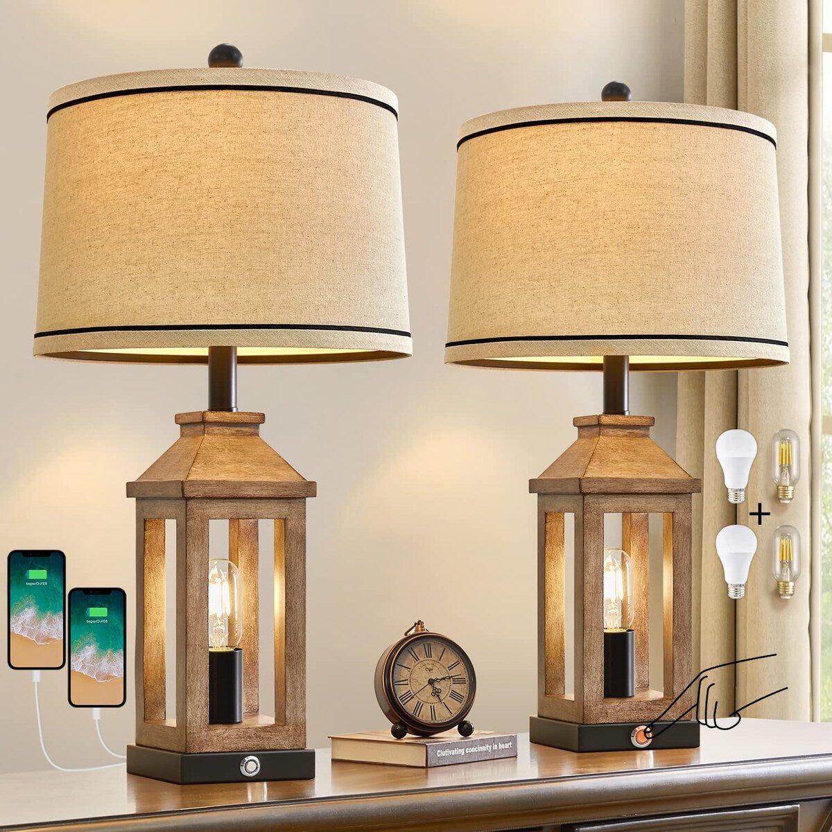 25.25" Farmhouse Dual USB Charging Ports 3-Way Dimmable Touch Control Table Lamp with Nightlight Vintage Modern Lamps