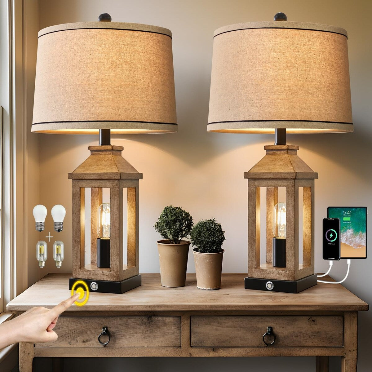 25.25" Farmhouse Dual USB Charging Ports 3-Way Dimmable Touch Control Table Lamp with Nightlight Vintage Modern Lamps