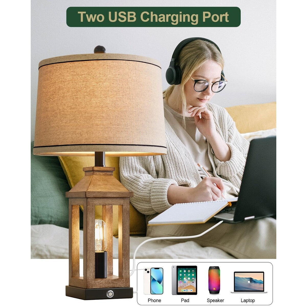 25.25" Farmhouse Dual USB Charging Ports 3-Way Dimmable Touch Control Table Lamp with Nightlight Vintage Modern Lamps