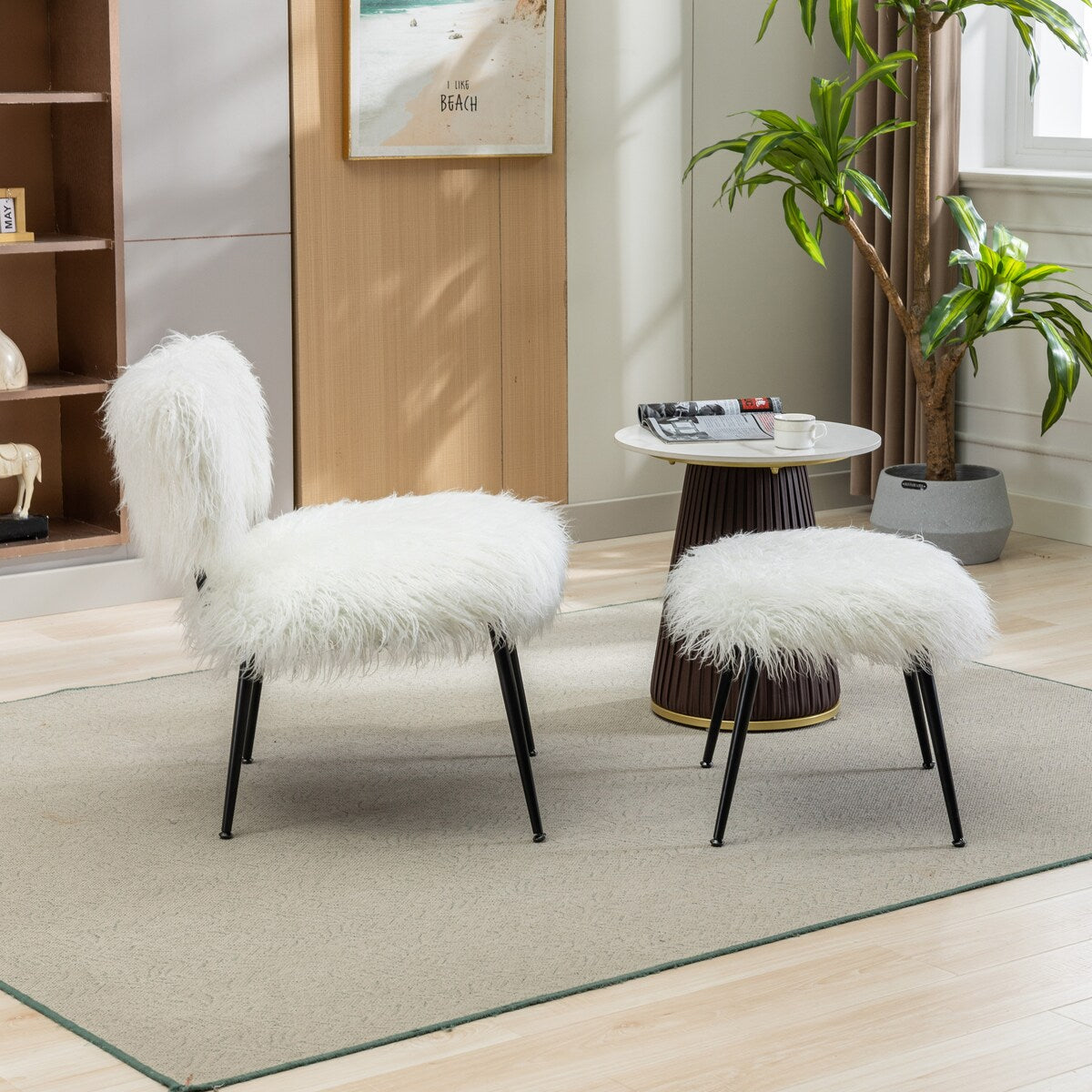 25.2"Faux Fur Plush Accent Chair With Ottoman, Living Room Chair With Footrest, Fluffy Upholstered Armless Chair And Stool
