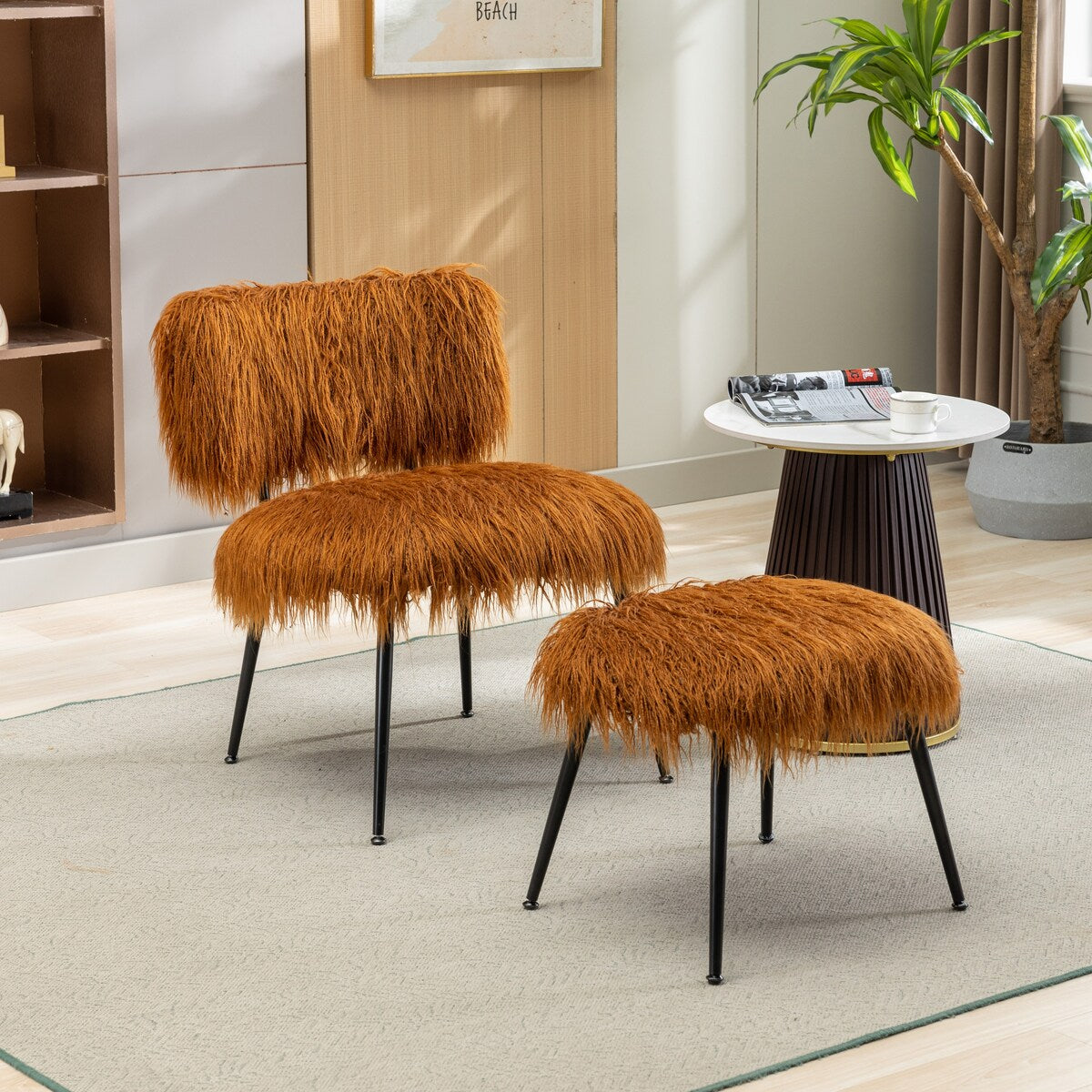 25.2"Faux Fur Plush Accent Chair With Ottoman, Living Room Chair With Footrest, Fluffy Upholstered Armless Chair And Stool