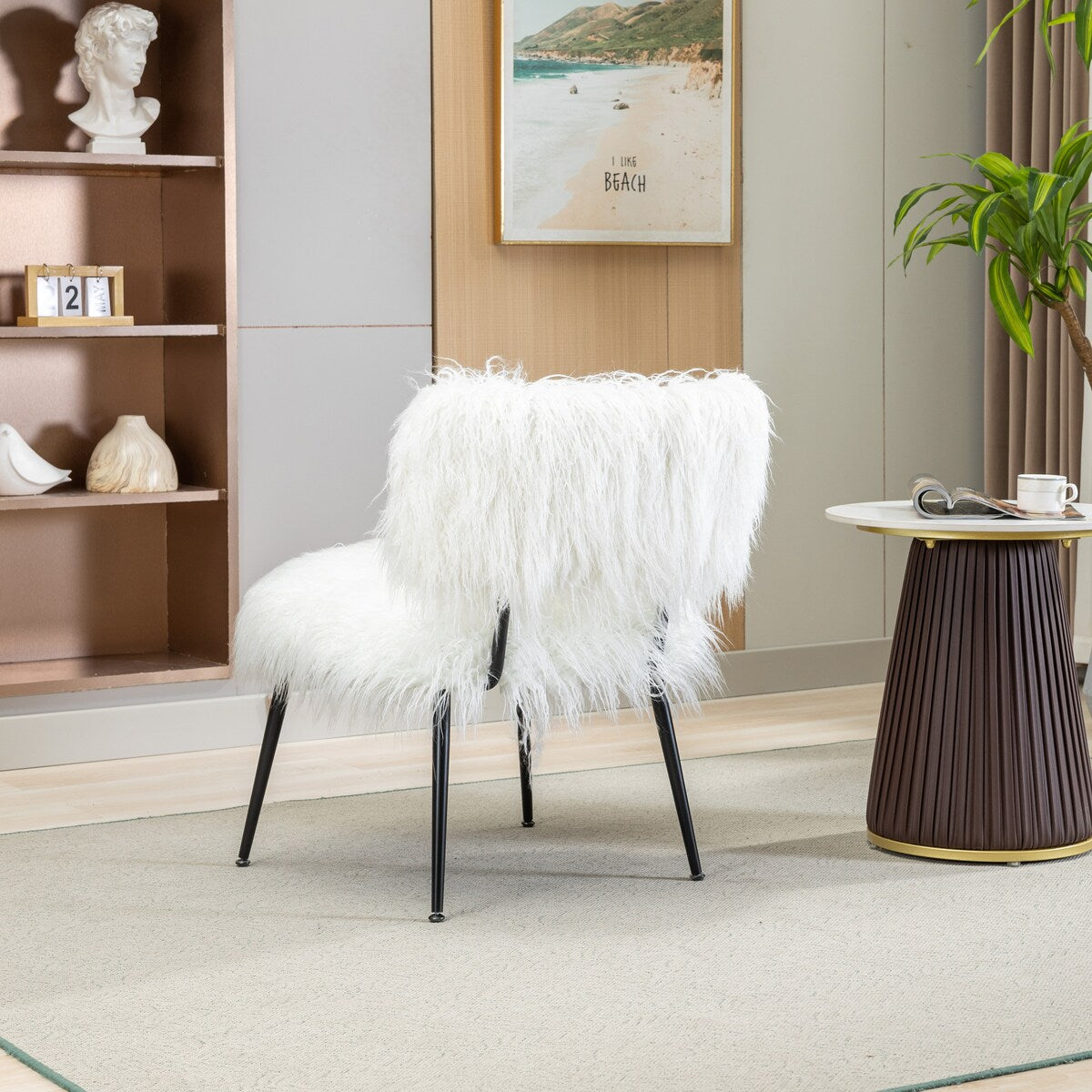 25.2"Faux Fur Plush Accent Chair With Ottoman, Living Room Chair With Footrest, Fluffy Upholstered Armless Chair And Stool