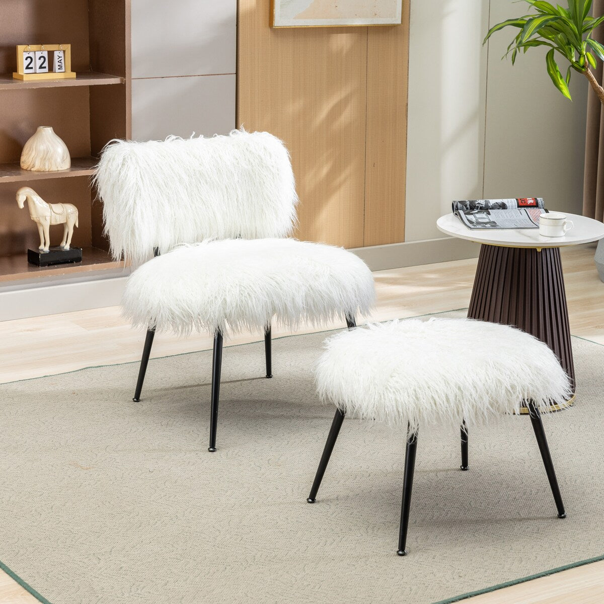 25.2"Faux Fur Plush Accent Chair With Ottoman, Living Room Chair With Footrest, Fluffy Upholstered Armless Chair And Stool