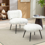 25.2"Faux Fur Plush Accent Chair With Ottoman, Living Room Chair With Footrest, Fluffy Upholstered Armless Chair And Stool