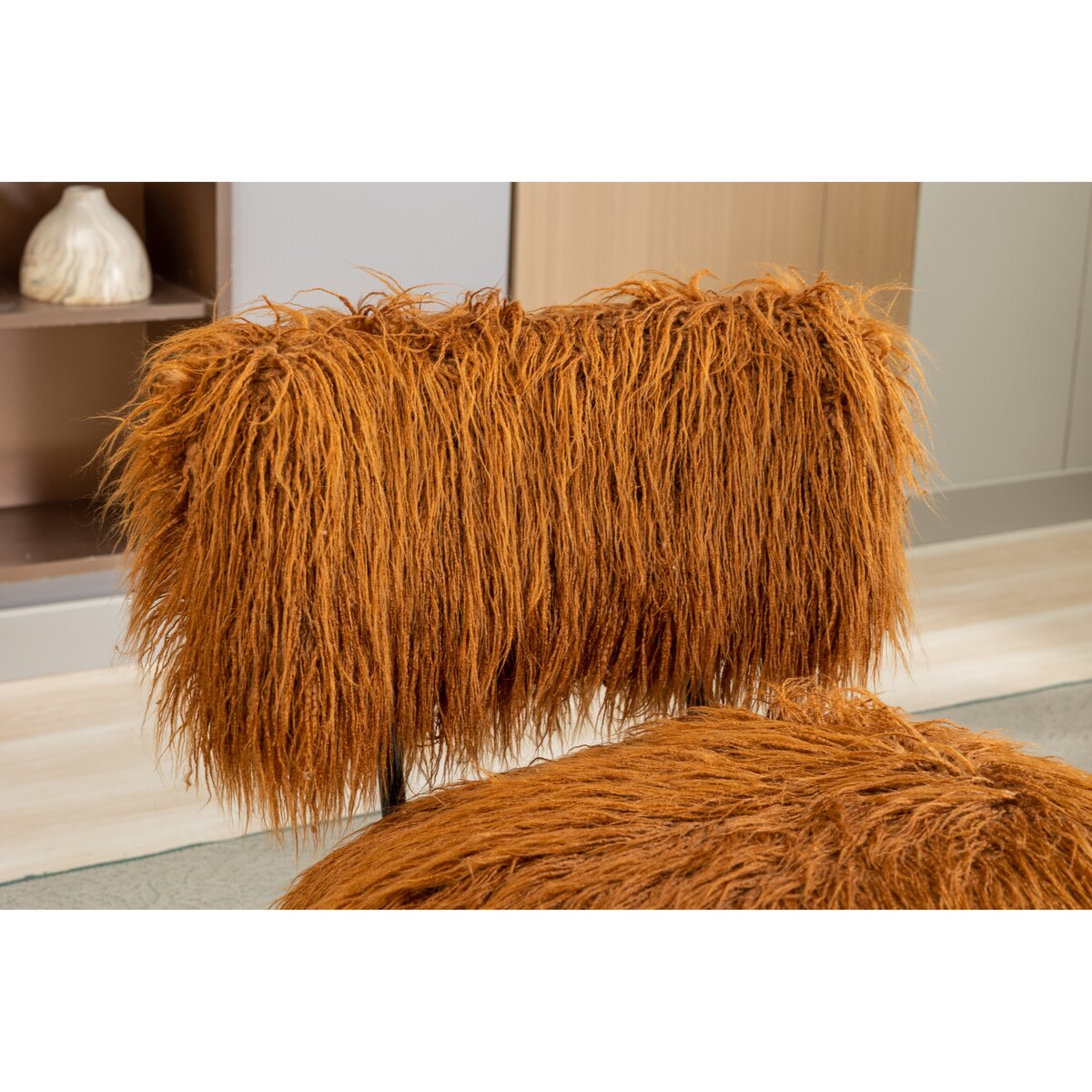 25.2"Faux Fur Plush Accent Chair With Ottoman, Living Room Chair With Footrest, Fluffy Upholstered Armless Chair And Stool