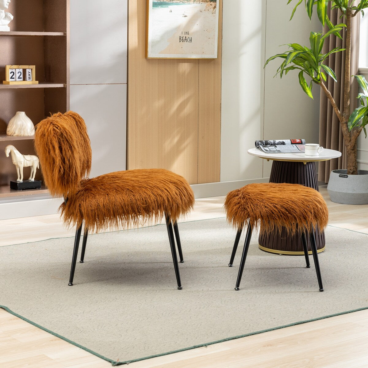 25.2"Faux Fur Plush Accent Chair With Ottoman, Living Room Chair With Footrest, Fluffy Upholstered Armless Chair And Stool