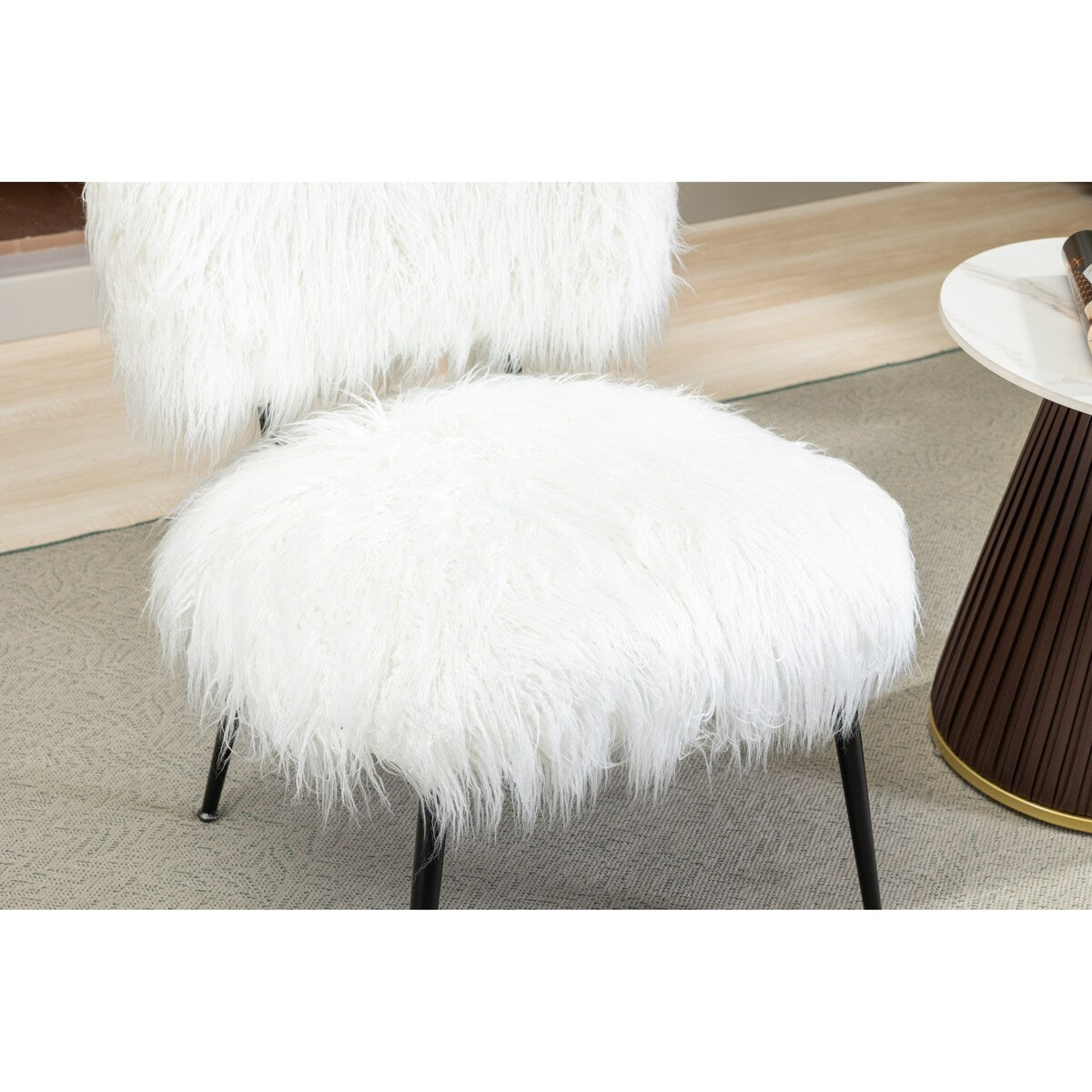 25.2"Faux Fur Plush Accent Chair With Ottoman, Living Room Chair With Footrest, Fluffy Upholstered Armless Chair And Stool