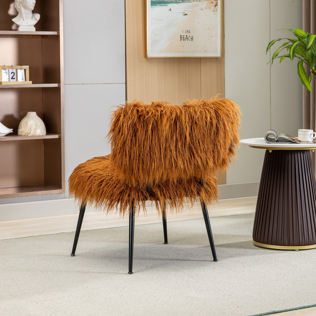 25.2"Faux Fur Plush Accent Chair With Ottoman, Living Room Chair With Footrest, Fluffy Upholstered Armless Chair And Stool