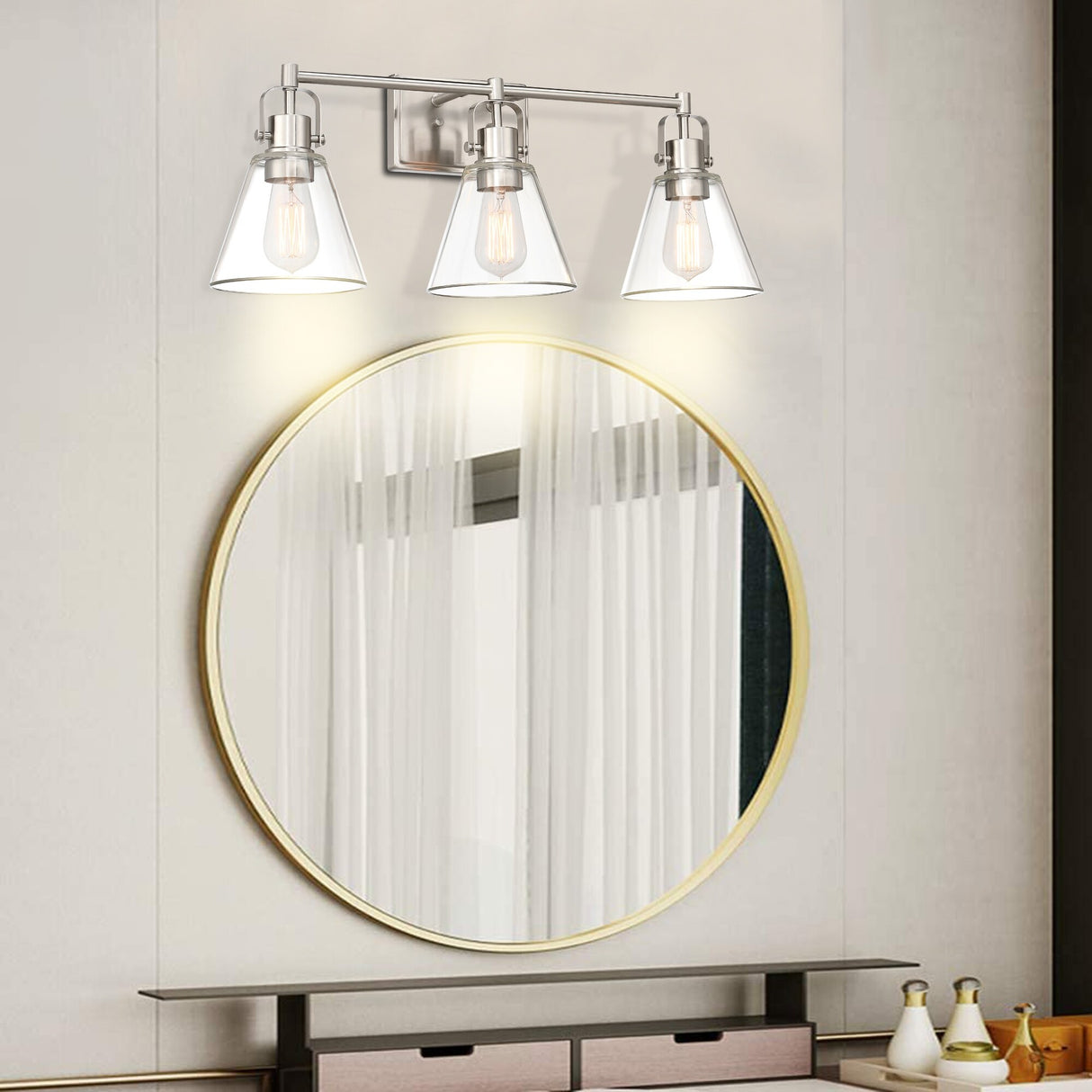 25.4 in. 3-Light Vanity Light with Brushed Nickel Finish and Clear Glass Shade