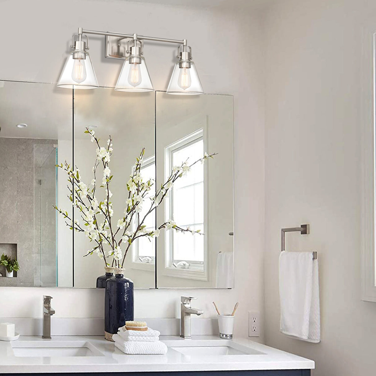 25.4 in. 3-Light Vanity Light with Brushed Nickel Finish and Clear Glass Shade